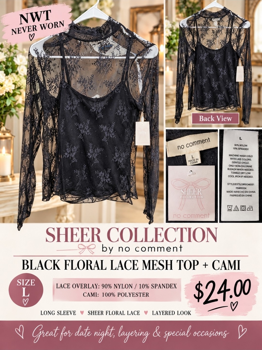 Sheer Collection Black Floral Lace Mesh Top + Cami